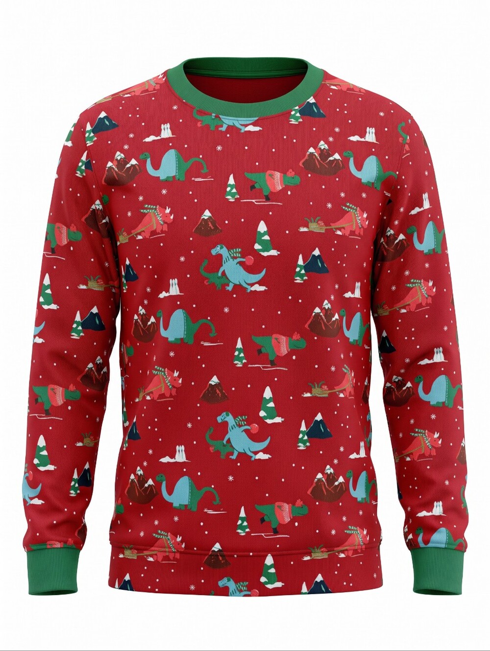 Men's Red Holiday Dinosaur Print Jammie Shirt Sweater Holiday Christmas Size L